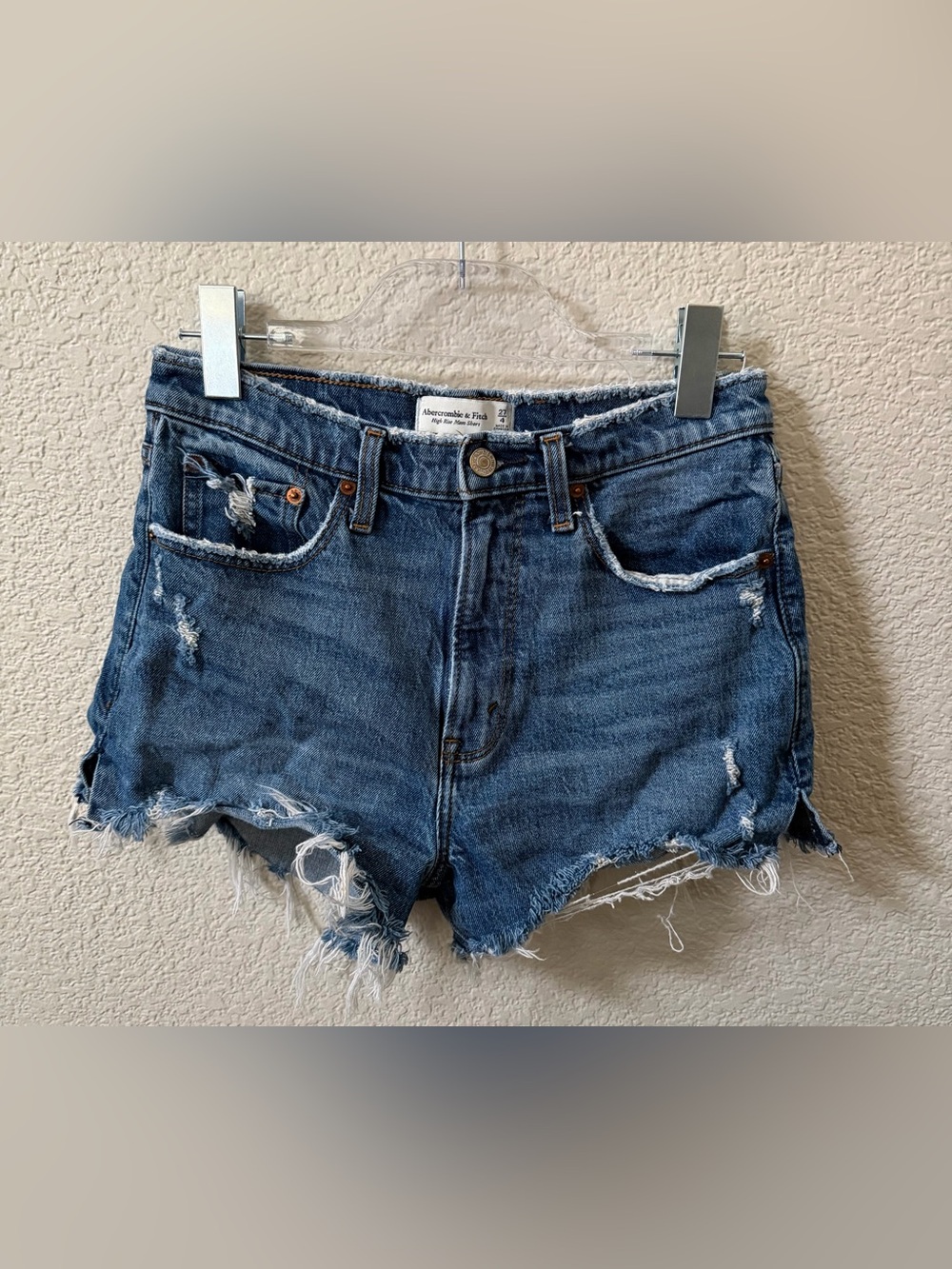 Abercrombie & Fitch size 27/4 High Rise Blue Denim Jean Shorts Distressed 2"